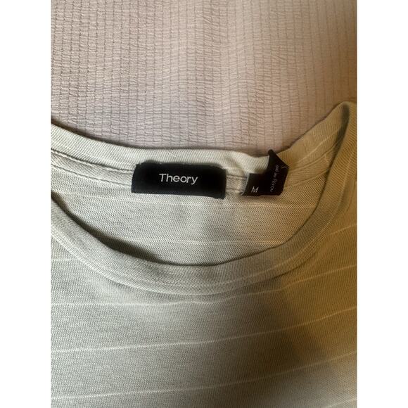 Theory Men’s Medium Short Sleeve Knit T-Shirt Green With White Stripe Crewneck - Picture 2 of 6